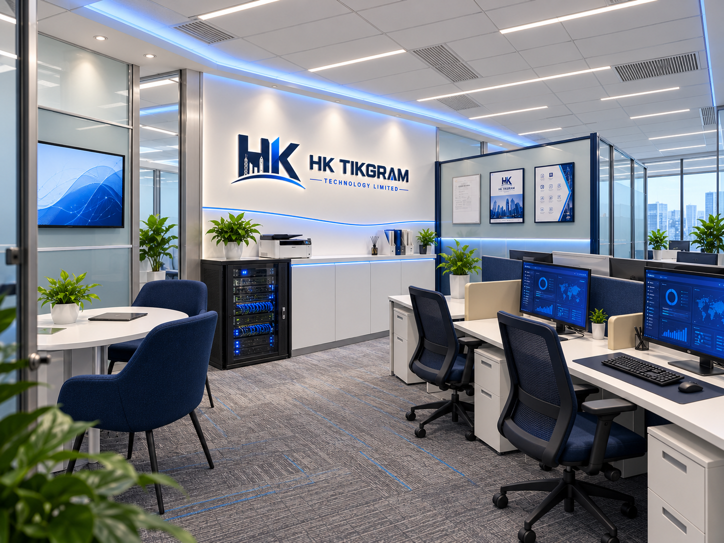 Panoramic design concept for HK TIKGRAM’s blue and white technology office